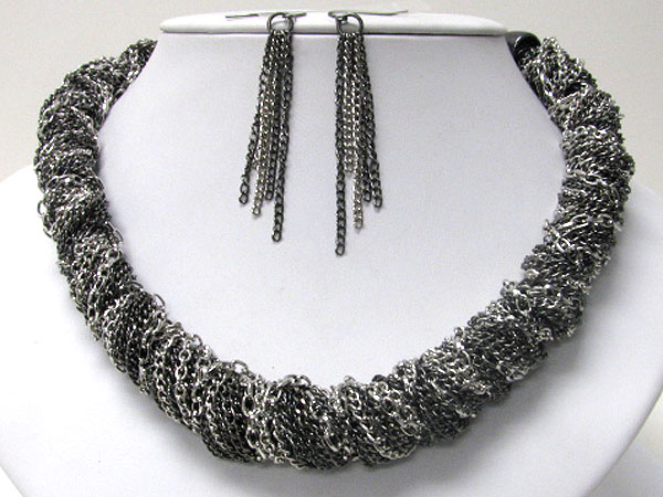 Large metal mesh tube chain necklace earring set