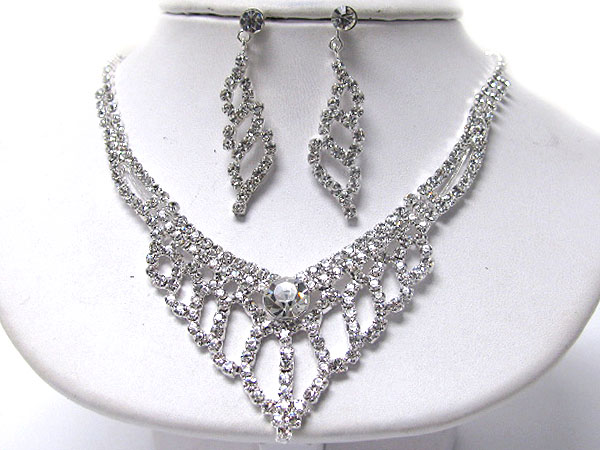 Large crysatl center and rhinestone party necklace earring set