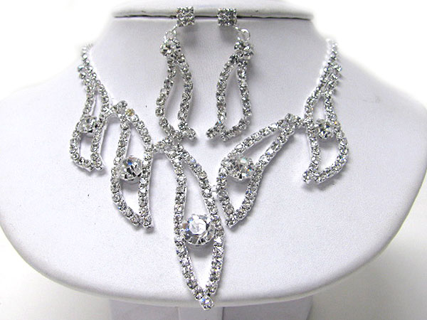 Multi rhinestone and large crystal leaf shape link necklace earring set