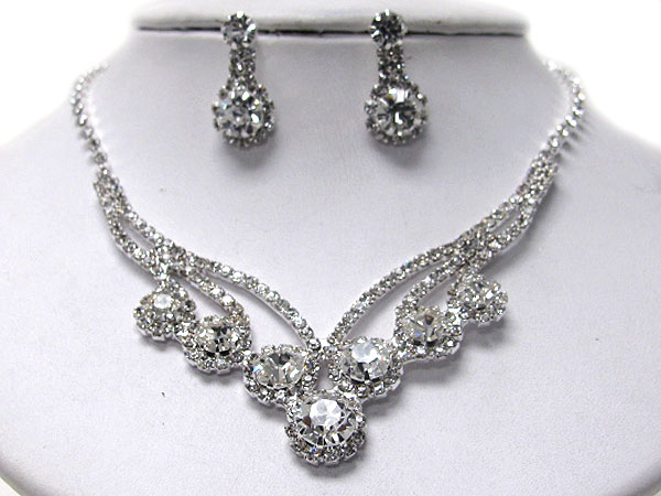 Large crystal and rhinestone v shape necklace earring set