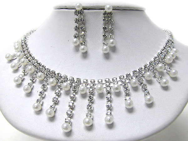 Multi rhinestone bar and pearl end bar drop necklace earring set