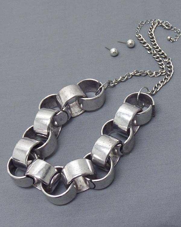 Large metal tube link necklace earring set