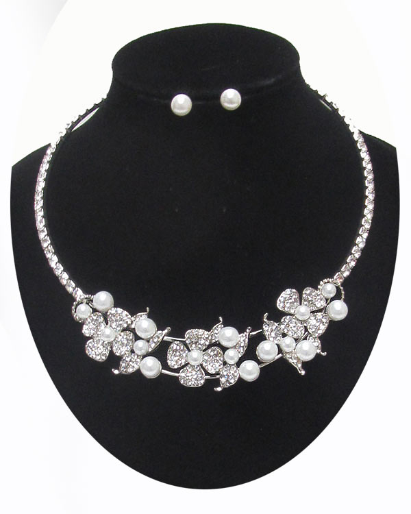 Pearl and rhinestone mix chocker necklace set