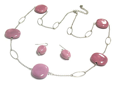 Precious stone and ring link long necklace and earring set 