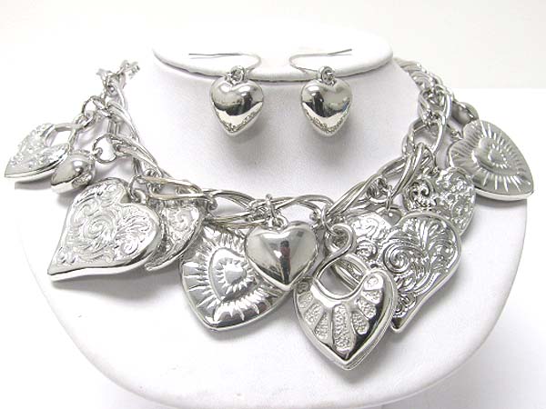 Multi metal texture heart charm necklace earring set