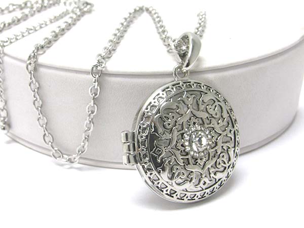 Metal texture round locket pendant long necklace