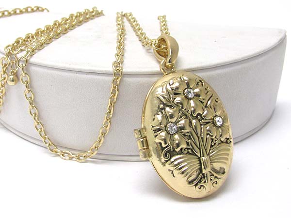 Metal texture oval locket pendant long necklace