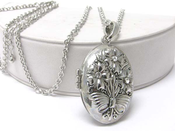 Metal texture oval locket pendant long necklace