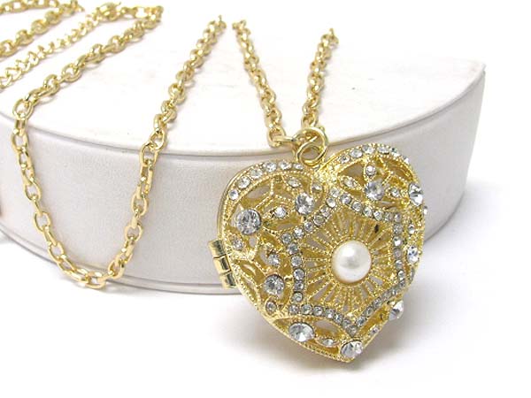 Crystal stud heart locket long necklace