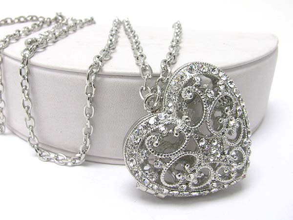 Crystal stud metal filigree heart locket long necklace