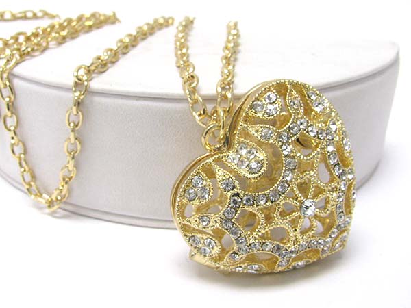 Crystal stud metal filigree heart locket long necklace