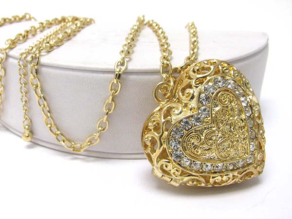 Crystal stud metal filigree heart locket long necklace