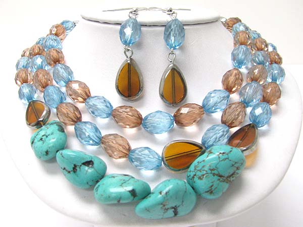 Multi strand natural stone and facet acryl beads link necklace set