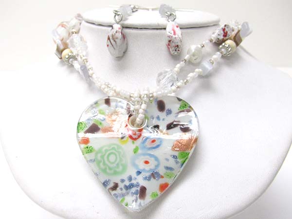 Murano glass heart pendant braided link necklace set