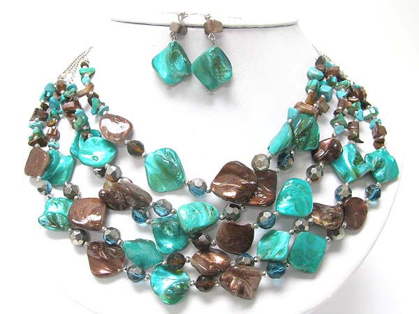 Multi layer sea shell and mixed beads necklace set