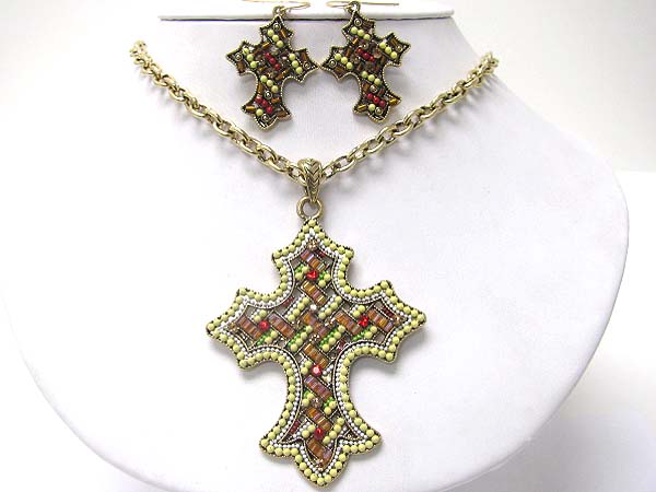 Crystal and beads art deco cross pendant necklace earring set