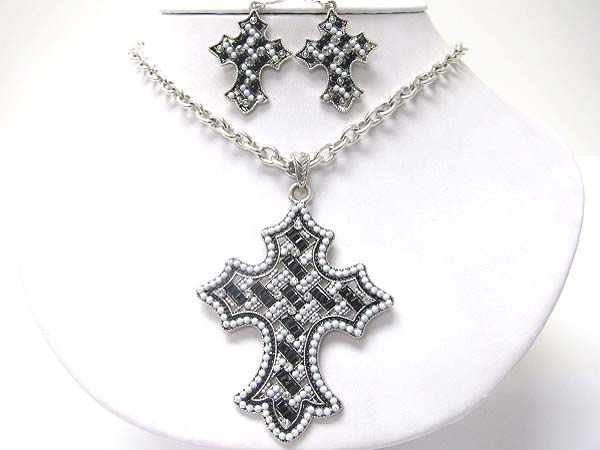 Crystal and beads art deco cross pendant necklace earring set