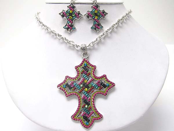 Crystal and beads art deco cross pendant necklace earring set