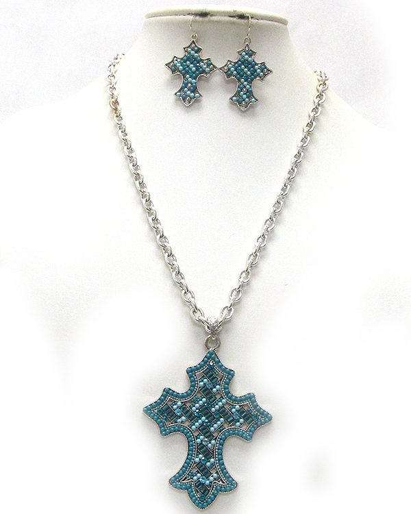 Crystal and beads art deco cross pendant necklace earring set