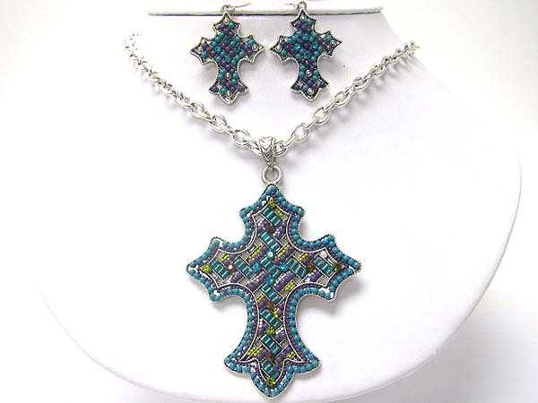 Crystal and beads art deco cross pendant necklace earring set