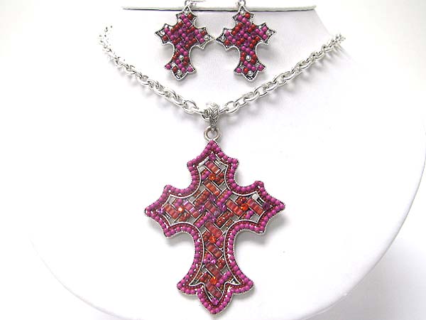 Crystal and beads art deco cross pendant necklace earring set