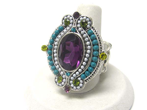 Crystal and beads art deco stretch ring