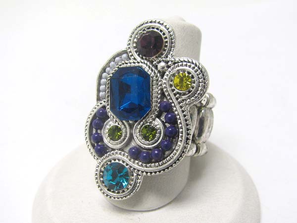 Crystal and beads art deco stretch ring