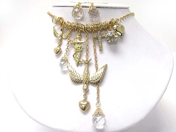 Crystal stud bird cross and multi charm dangle necklae earring set