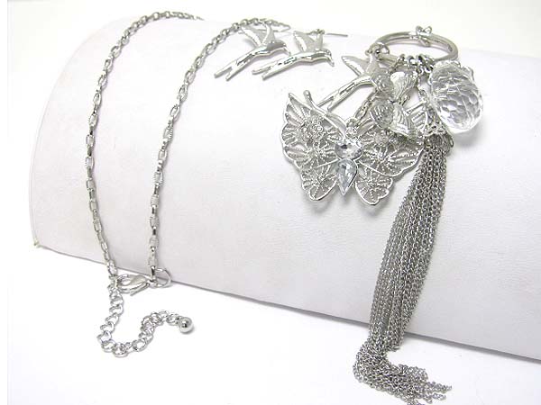 Crystal stud butterfly pendant and tassel drop long necklace earring set