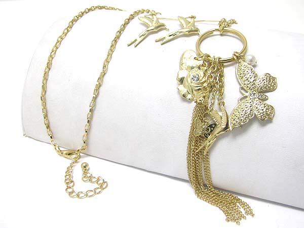 Crystal stud butterfly pendant and tassel drop long necklace earring set