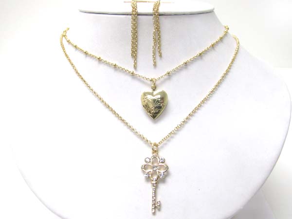 Crystal stud key and heart charm double layer necklace set