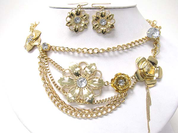 Crystal stud metal flower and multi strand metal chain necklace set