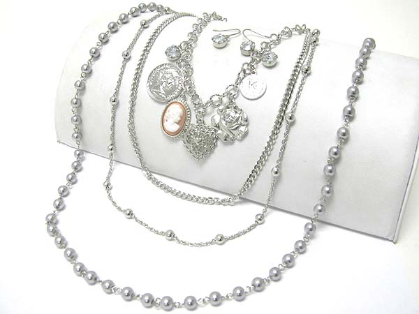 Cameo and multi crystal stud cahrm dangle multi strand long necklace set