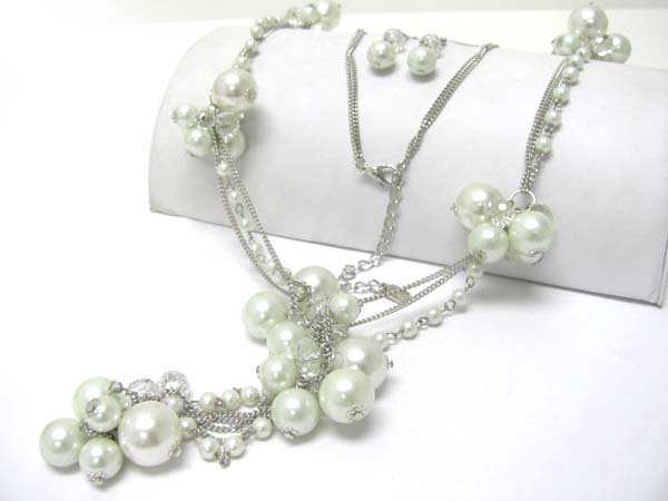 Pearl beads cluster link long chain necklace set