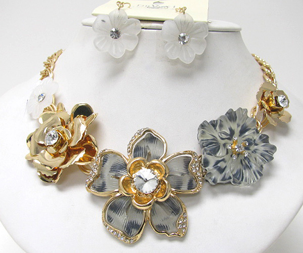 A. bittar style crystal animal print acryl with metal rose flower braided fabric chain necklace earring set