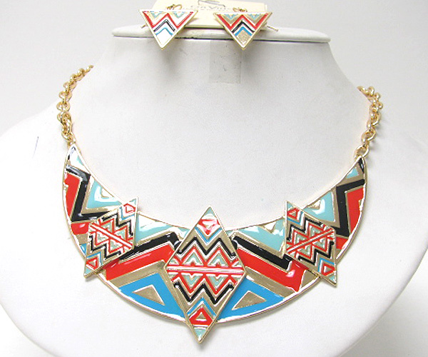 Metal bib style zigzag triangle spring fashion chain necklace earring set