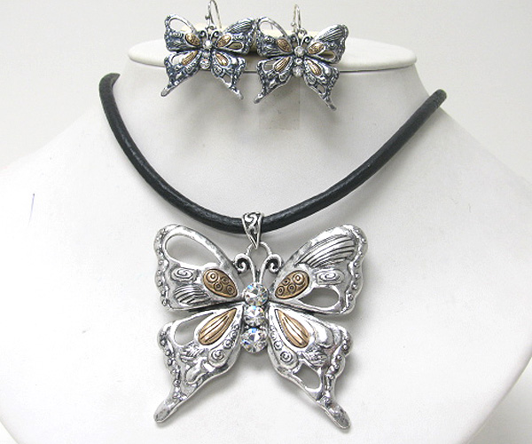 Crystal stud burnish metal butterfly pendant necklace earring set