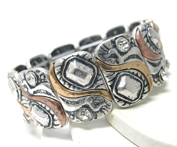 Crystal art textured casting metal link stretch bracelet