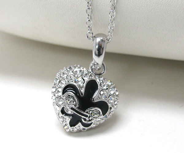 Made in korea whitegold plating crystal stud heart puffy fleur de lis pendant necklace