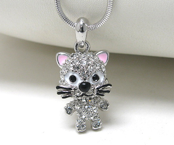 Made in korea whitegold plating crystal stud cat pendant necklace