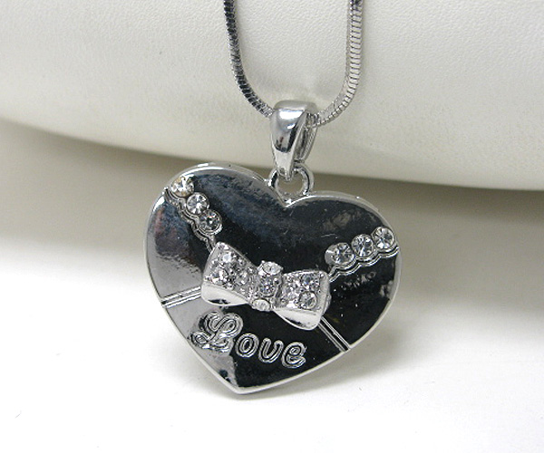 Made in korea whitegold plating crystal stud heart ribbon pendant necklace