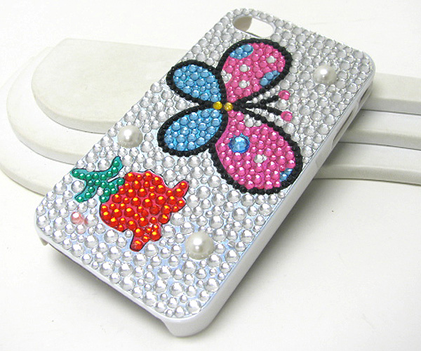 Butterfly with rose and pearls pattern glittring cellphone case- hard case for apple iphone 4g or 4s