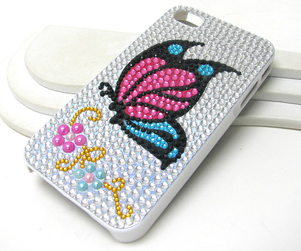 Large butterfly with acryl small flowers glittring pattern cellphone case- hard case for apple iphone 4g or 4s