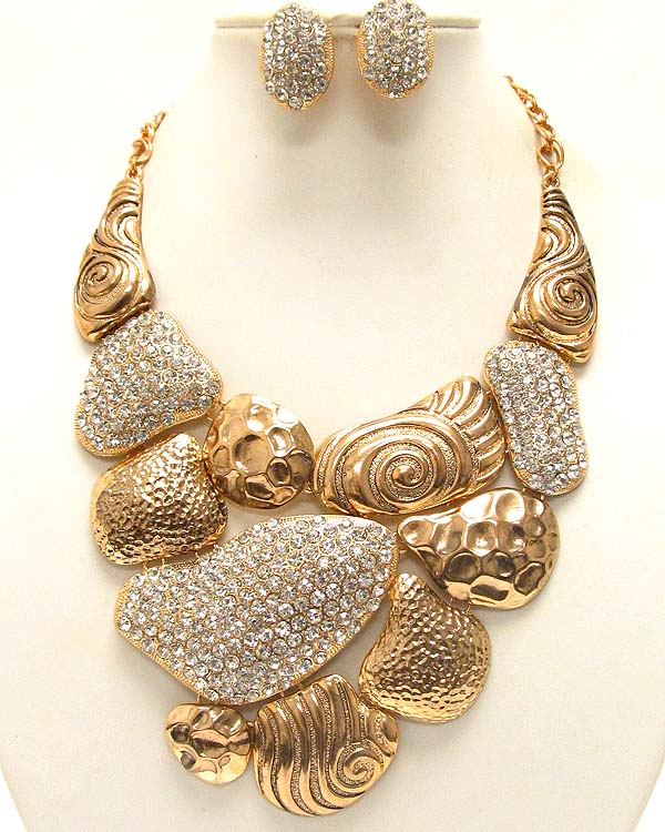 Multi crystal pave on natural shape metal link bib necklace and earring set