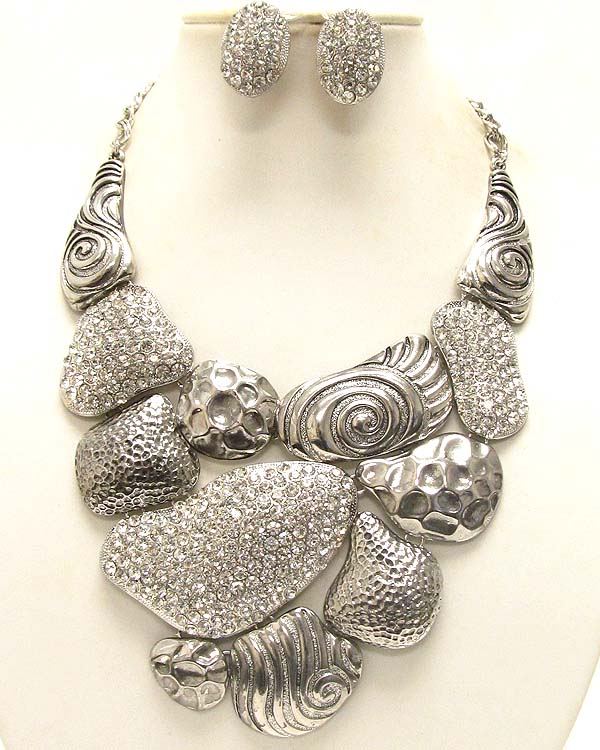 Multi crystal pave on natural shape metal link bib necklace and earring set