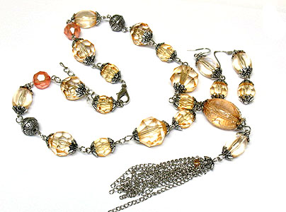 Lucite beads and metal casting taseel style neckalce and earring set