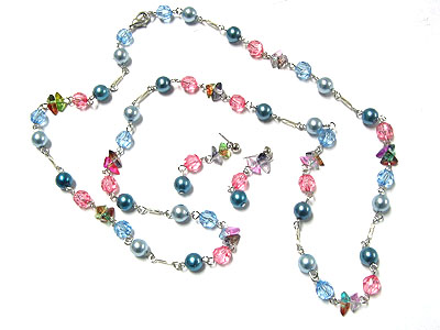 Spring color multi beads long necklace and earring set