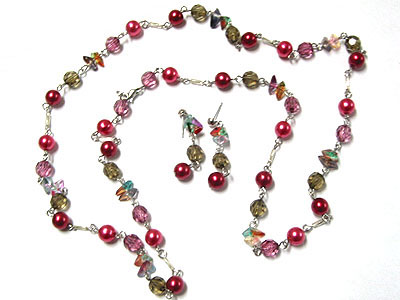 Spring color multi beads long necklace and earring set