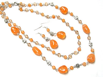 Spring color double strand natural stone necklace and earring set