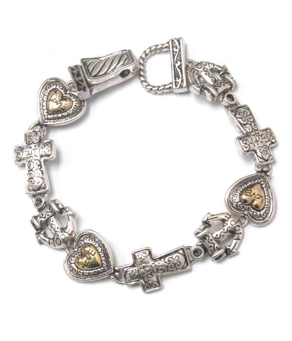 Metal textured cross heart and anchor linked magentic bracelet 